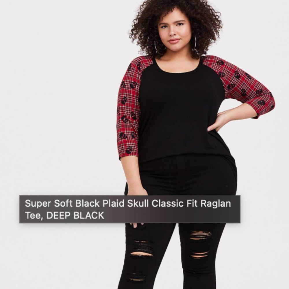 Torrid SUPER SOFT BLACK PLAID SKULL CLASSIC FIT RAGLAN TEE Shirt Plus Size 5X